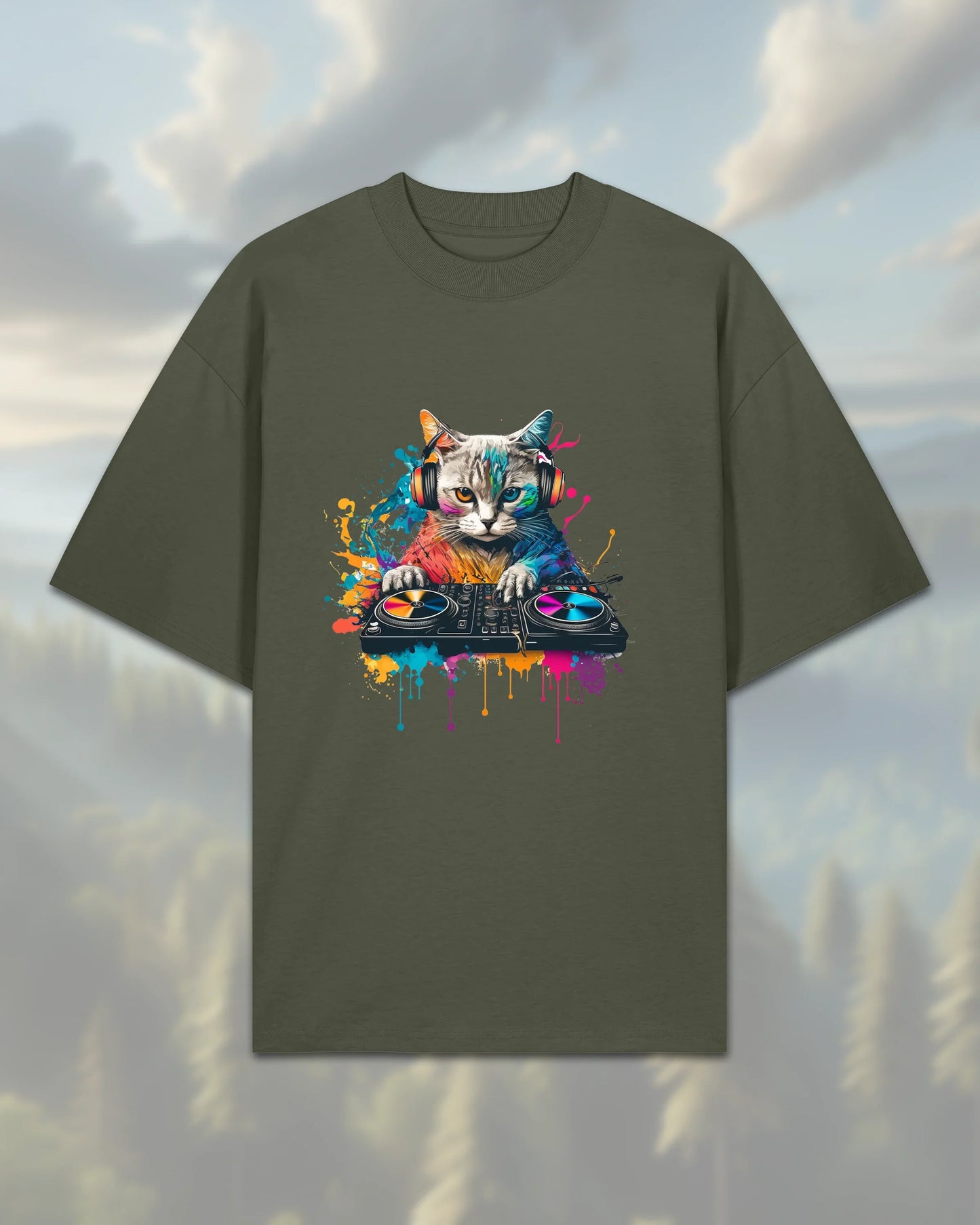 Oversize T-Shirt | Cat DJ - Khaki / XXS - Shirts