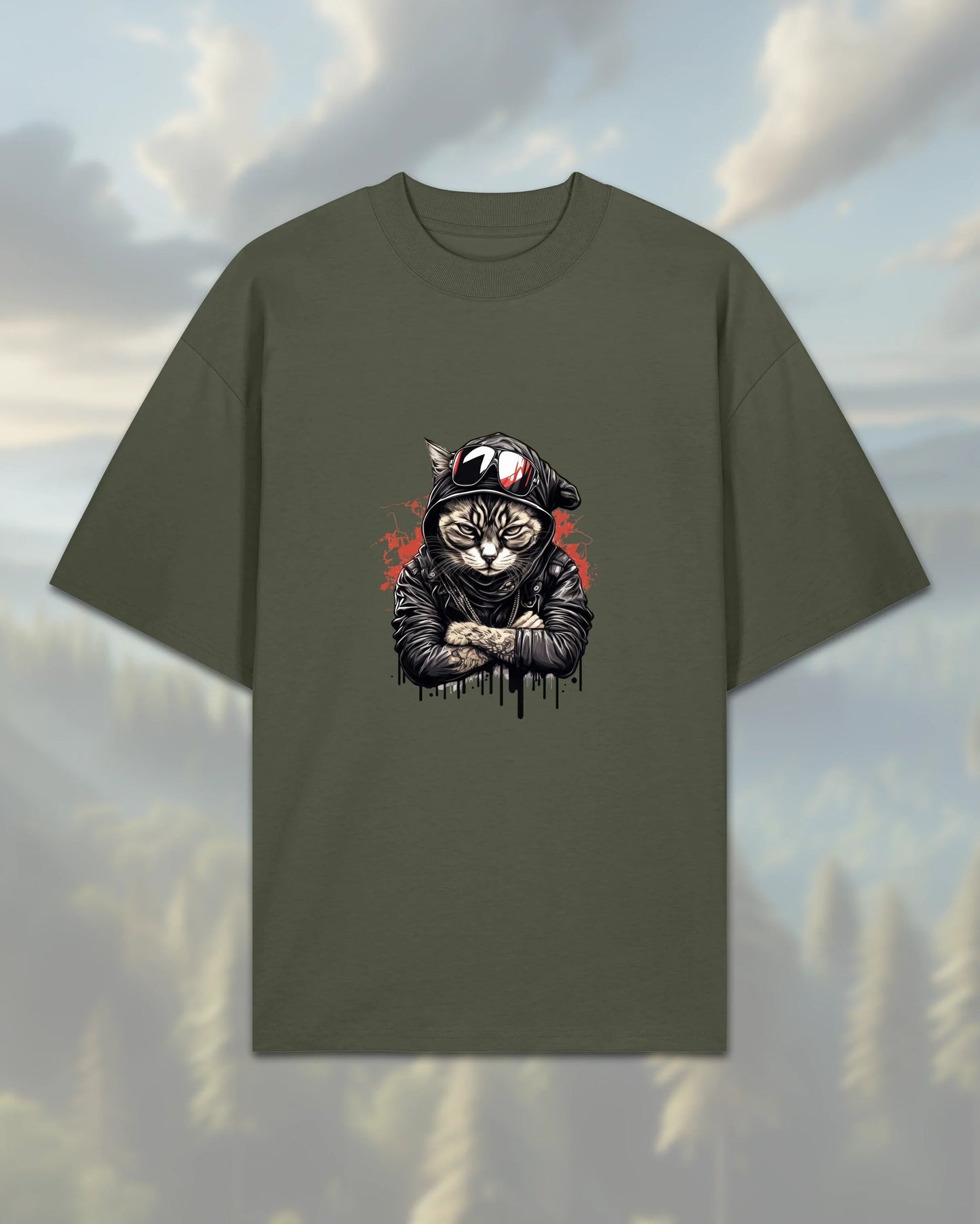 Oversize T-Shirt | Cat in Hoodie 2 - Khaki / XXS - Shirts