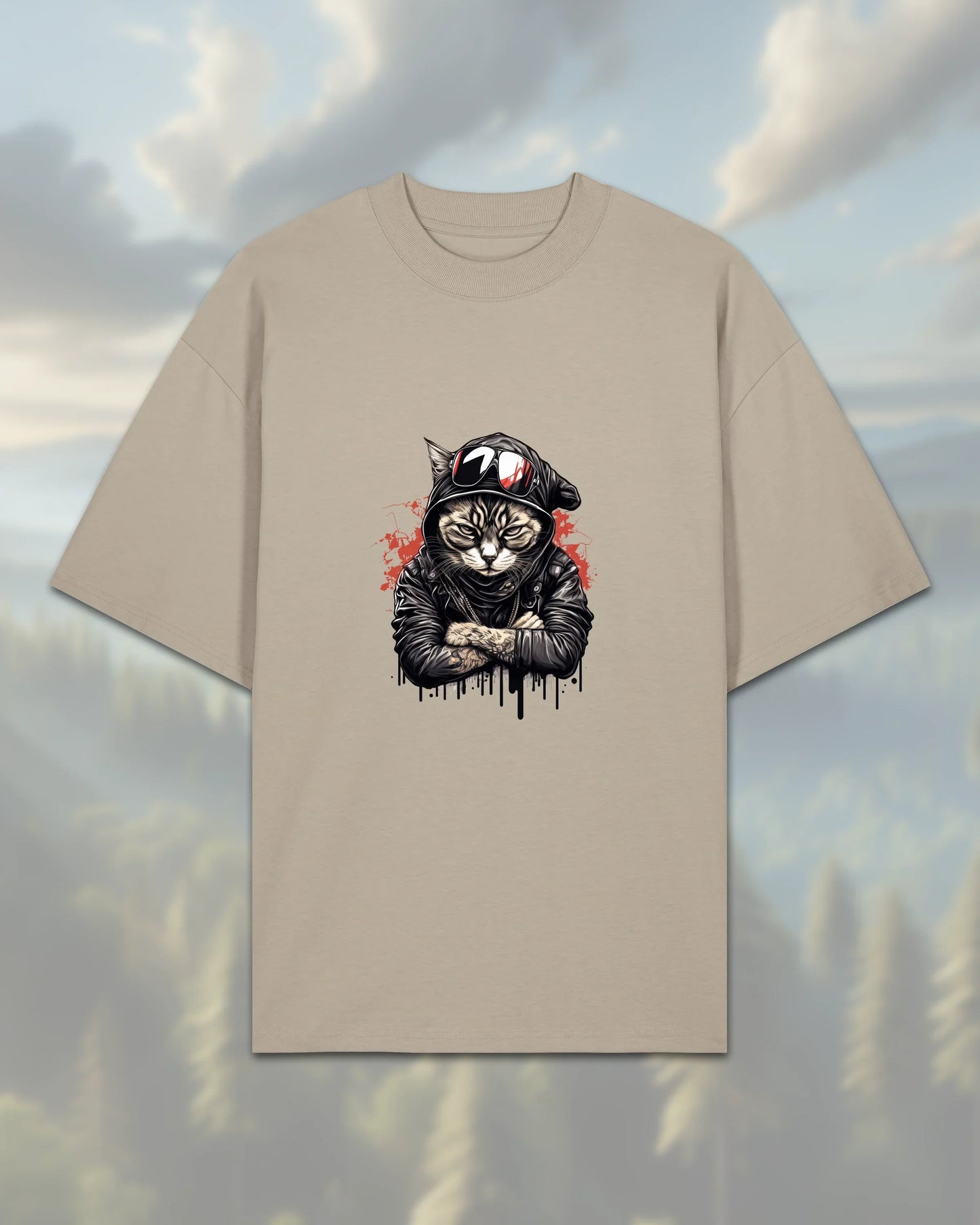 Oversize T-Shirt | Cat in Hoodie 2 - Stone / XXS - Shirts