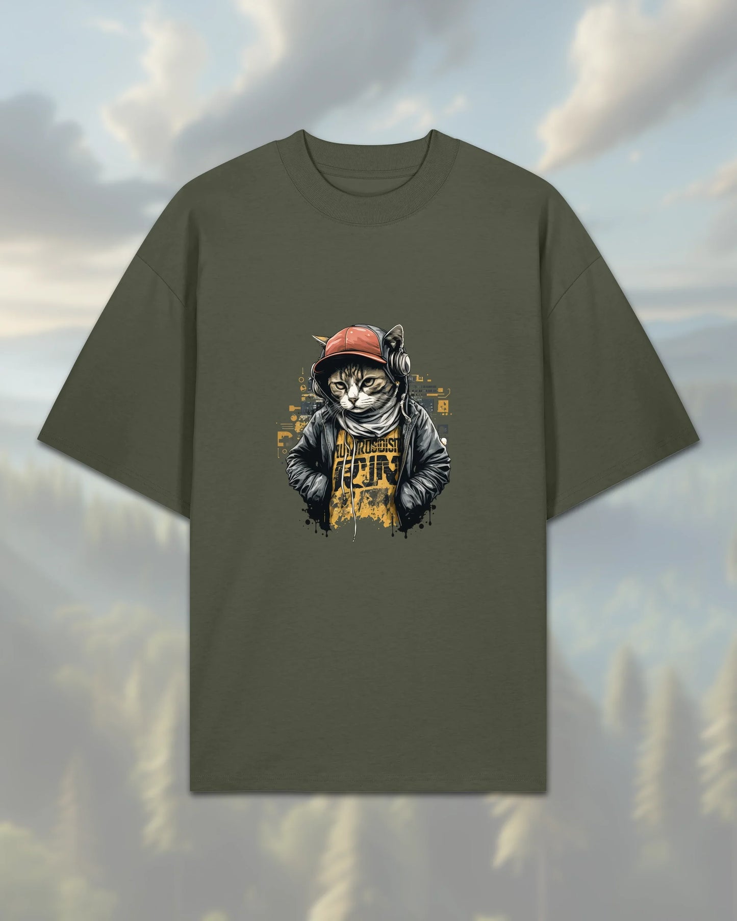 Oversize T-Shirt | Cat in Hoodie - Khaki / XXS - Shirts